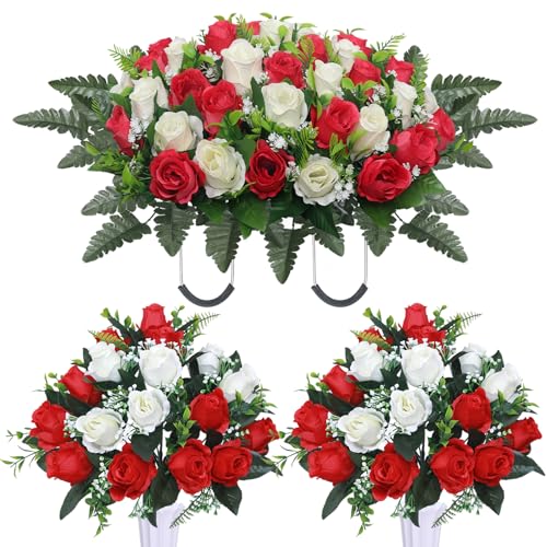 Artificial Cemetery Flower Saddles, Cemetery Memorial Flowers with Vase,Outdoor Grave Saddle Headstone Decorations, Artificial Rose Bouquet Grave Memorial Flowers (Red White) - color: Red White