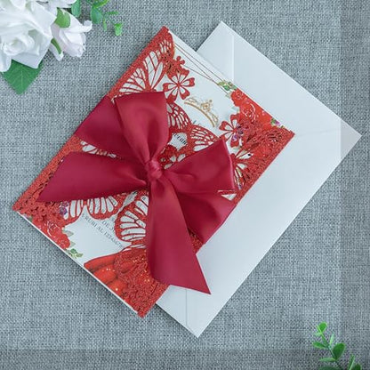20 PCS Butterfly Quinceanera Invitation, Laser Cut Invitation Cards | 5.12x7.2" Red Glitter Butterfly Quinceanera Invitation with Envelopes for XV Anos Bridal Shower Baby Shower Invite - color: Red Glitter