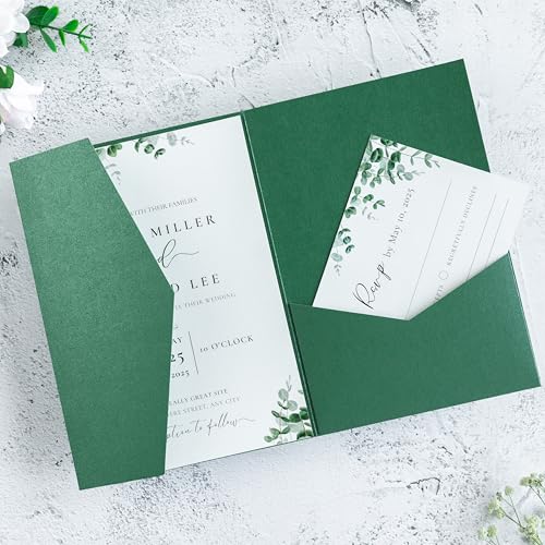 20 PCS Emerald Green Tri-fold Laser Cut Wedding Invitation Pockets for 5x7 Wedding Cards Bridal Shower Engagement Quinceanera Invitation - color: Emerald Green
