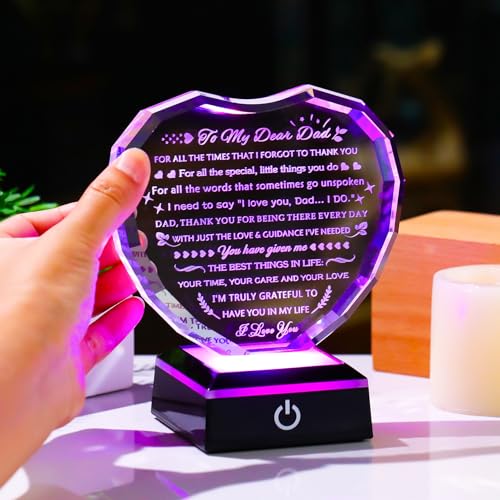 YWHL Gifts for Dad from Daughter Son with Colorful Light Base Birthday Gifts for Dad Crystal Heart Keepsake Thank You Gift Idea To My Father Present on Fathers Day Christmas Thanksgiving - color: Dad Gifts