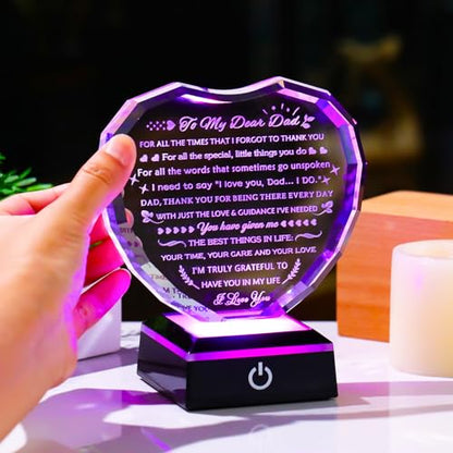 YWHL Gifts for Dad from Daughter Son with Colorful Light Base Birthday Gifts for Dad Crystal Heart Keepsake Thank You Gift Idea To My Father Present on Fathers Day Christmas Thanksgiving - color: Dad Gifts
