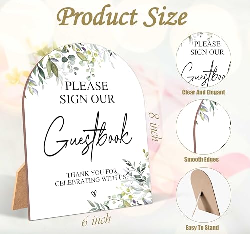 Greenery Please Sign Our Guestbook Sign, Wedding Ceremony Signs, 6 x 8 Inch Arch Wooden Tabletop Sign with Stand, Wedding Reception Decoration Supplies (PZ02) - color: Please Sign Our Guestbook