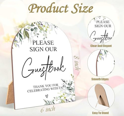 Greenery Please Sign Our Guestbook Sign, Wedding Ceremony Signs, 6 x 8 Inch Arch Wooden Tabletop Sign with Stand, Wedding Reception Decoration Supplies (PZ02) - color: Please Sign Our Guestbook