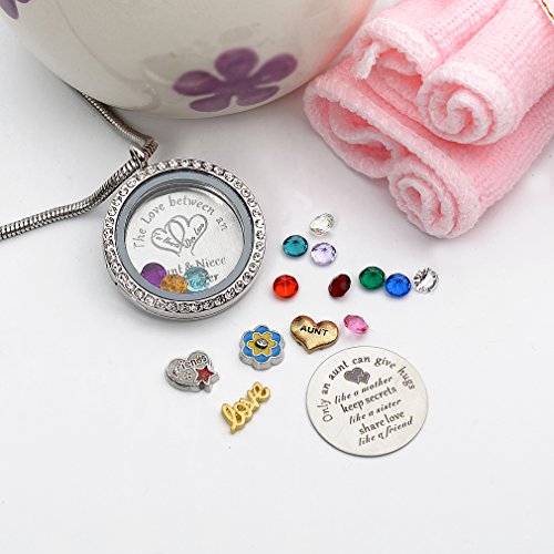Beffy Locket Gifts for Niece Aunt, Floating Living Memory Necklace Pendant | Pendant Charm & Birthstone for Women, Mothers Day, Birthday, Stainless Steel - color: NiecesAunt-C002