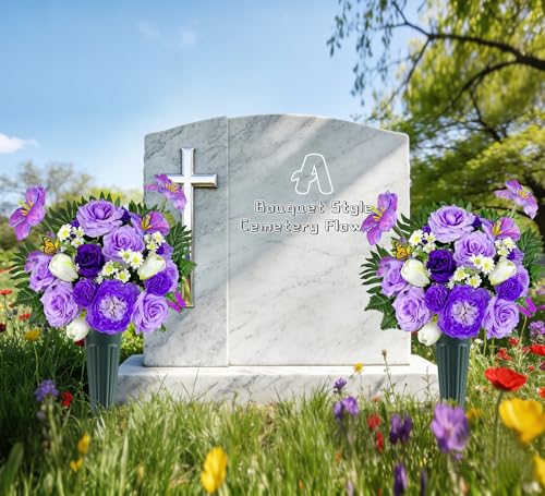 Artificial Cemetery Flowers,Memorial Flowers,Beautiful Arrangements for Headstones,Silk Tulip Rose Hibiscus Daisy