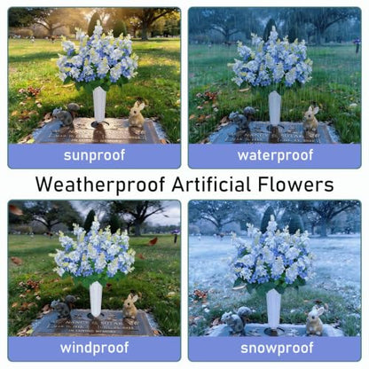2 Sets Artificial Flowers for Cemetery with Vase 20Inch | UV Resistant Grave Decorations Long-Lasting Cemetery Flowers for Grave Headstones Graveyard Outdoor