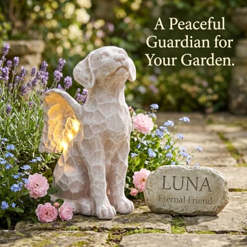 Solar Angel Dog Statue with Lights,Dog Memorial Statue for Outdoor