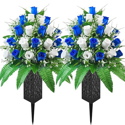 Mirevielyn 2-Pack 24 Stems Artificial Rose Cemetery Flowers with Vases - color: Blue & White (Full Bouquet)