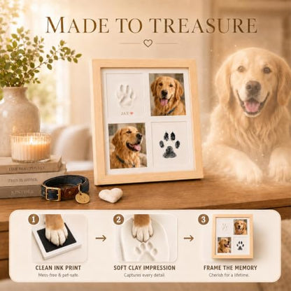 Paw Print Kit with Ink Pad, Soft Clay and 4-Panel Pet Frame | Inkless pad; soft clay; 4-panel frame for 2 photos and 2 prints; tabletop or wall display; dog and cat gift