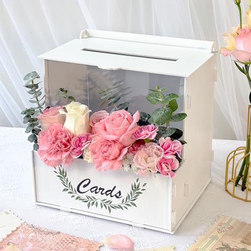 White Wedding Card Box with Flower Trough & Acrylic Window for Reception | DIY Floral Decoration, Wooden Gift Card Box, Clear Acrylic Display, Quick Assembly, Large-Capacity Card Boxes for Party - color: white