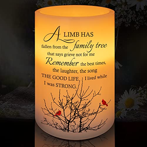 Sympathy Candle - Custom Memorial Gift, Realistic Wax, Printed Poetic Words and Lilies, Battery Operated, 6H Timer, Safe for Pets and Children - color: Family Tree