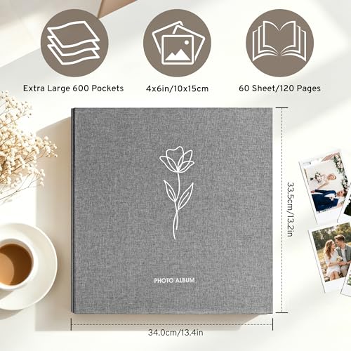 DazSpirit 4x6 Photo Album, 600 Photos, Large Capacity, Linen Hardcover | Grey Floral Photo Book, Acid-Free Slip-In Pages, Memory Album for Wedding, Baby, Anniversary, Travel and Family Photos - color: Grey