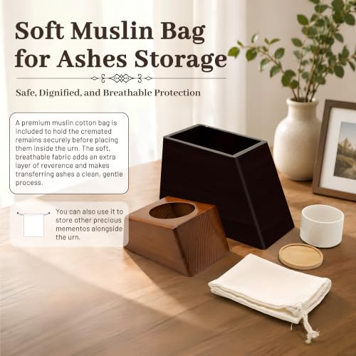 Plant Urn for Adult Memorial Keepsake, Solid Wood, Large Capacity, with Ceramic Pot, Bamboo Saucer, and Muslin Bag