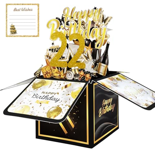 22nd Birthday Card with Envelopes for Her Him, Birthday Decorations for Daughter Son, Bday Gift Box for 22 Year Old, Unique Handmade Foldable Celebration 3D Cards for Friend - color: GOLD, size: 22nd