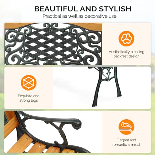 VINGLI Classic Cast Iron & Teak Arched Back Rectangular Outdoor Bench, 3-Seater, 470 lbs Capacity, Easy Assembly, Weather Resistant, 49.5" W x 20.5" D x 29" H