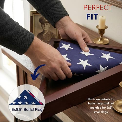 DECOMIL Burial Flag Display Case Personalized, 5x9 Flag Display Stand with Pedestal, Flag Case for Funeral Flag, Solid Wood Cherry Finish, Flag Case with Name Plate