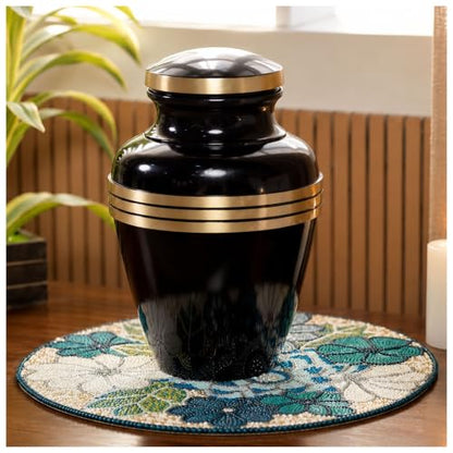 Cremation Urn for Human Ashes Adult Male/Female, 200+ Cubic Inch Capacity, 10 x 7 Inch Metal Funeral Urn with Secure Screw-Top Lid, Avlon Midnight Black Gold, Velvet Bag Included - color: Midnight Black Gold, size: Avlon 10x7