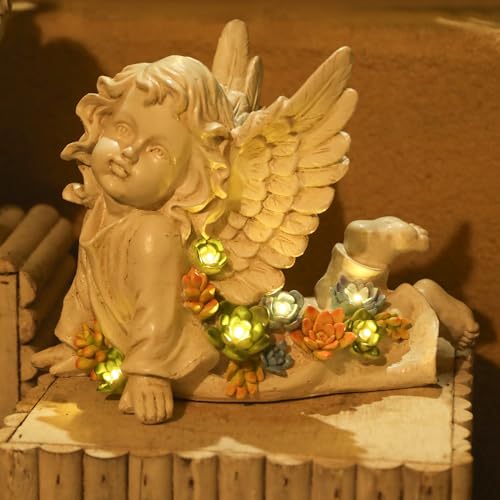 Garden Angels Outdoor Statue, Solar Cherub Baby Angel with Succulent | 7'' Resin Angel Statue with Warm Glow, Memorial Angel Figurines Gardening Gifts for Mother Grandma Yard Patio Lawn Decoration - style: Playful Cherub