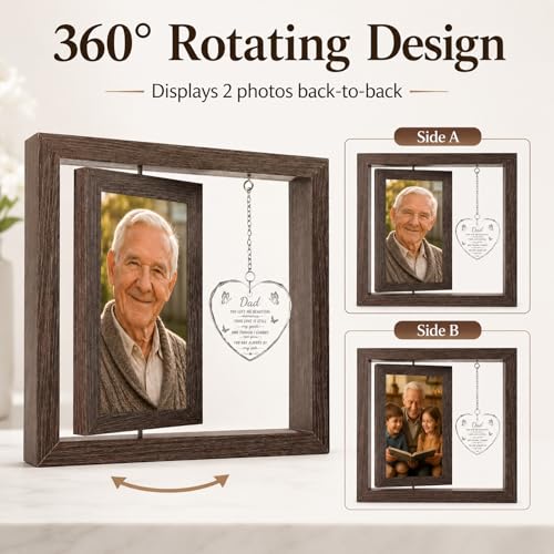 Memorial Gifts for Loss of Dad, Sympathy Gifts for Loss of Father, Rotating Memorial Picture Frame with Crystal Heart Pendant, Bereavement Remembrance Funeral Condolence Grief Gift, Display Two 4x6 Photos - size: Dad