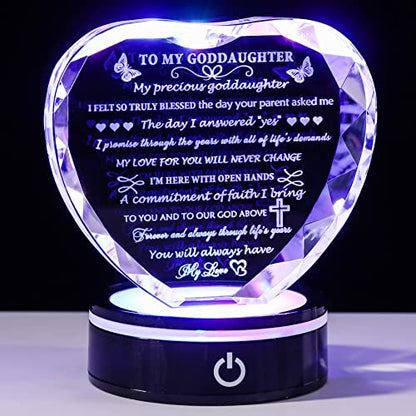 YWHL Goddaughter Gifts from Godmother Unique Heart Crystal Birthday Gifts for Goddaughter with LED Base Best to My Goddaughter Gift for Valentine's Day Mothers Day Christmas from Godparents - color: Goddaughter Gifts+led
