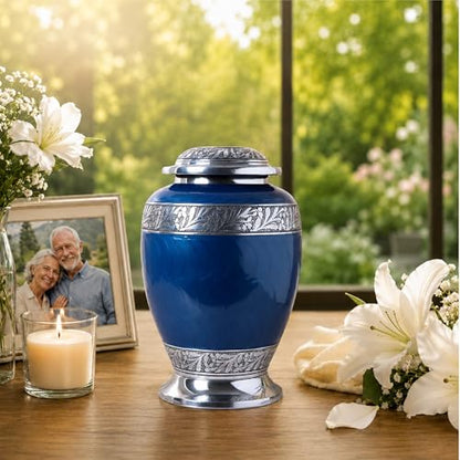 CLEENTABLE Cremation Urn for Human Ashes, Blue & Silver - color: Trypan Blue, size: Botanical Leaf - 6.5x10.5"