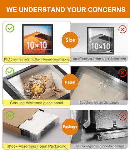 10x10 Shadow Box Frame with Ultra-Clear Glass & Soft Linen Back | With Push Pins and Stand, Deep 1.2" Black Shadow Box Display Case – Display on Tabletop or Wall for Photo, Flower, Keepsakes - color: Black+high Definition Panel + Shatter-proof Packaging,