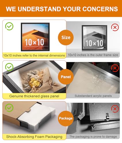 10x10 Shadow Box Frame with Ultra-Clear Glass & Soft Linen Back | With Push Pins and Stand, Deep 1.2" Black Shadow Box Display Case – Display on Tabletop or Wall for Photo, Flower, Keepsakes - color: Black+high Definition Panel + Shatter-proof Packaging,