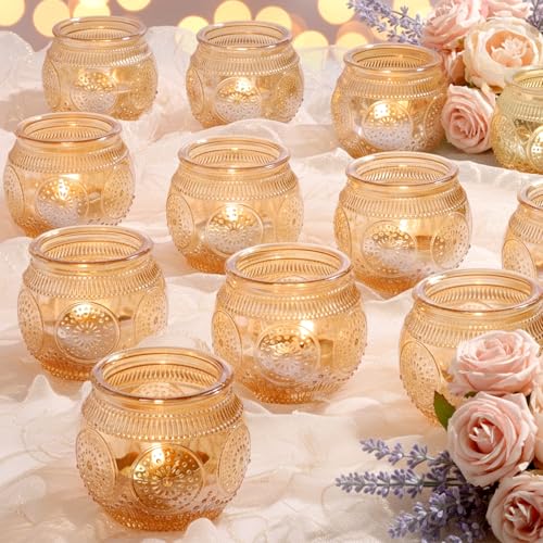 12 Pcs Gold Votive Candle Holders for Wedding Table Decor, Floral Style- Gold Centerpieces for Table, Bridal Shower, Birthday, Reception Party Decorations - color: Gold
