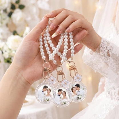 12 Pack Braid/Bow/Pearl Photo Frame Keychain Bulk | Braid/Bow/Pearl Keychain Bulk, Blank Photo Frame Keychain, DIY Charms Gift, Wedding Bridal Party Favor - style: Flower