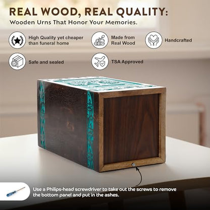 Tree of Life Wooden Urn for Human Ashes, Medium 115 cu in, Teal Green - color: Teal Green, size: Medium (115 cu in)
