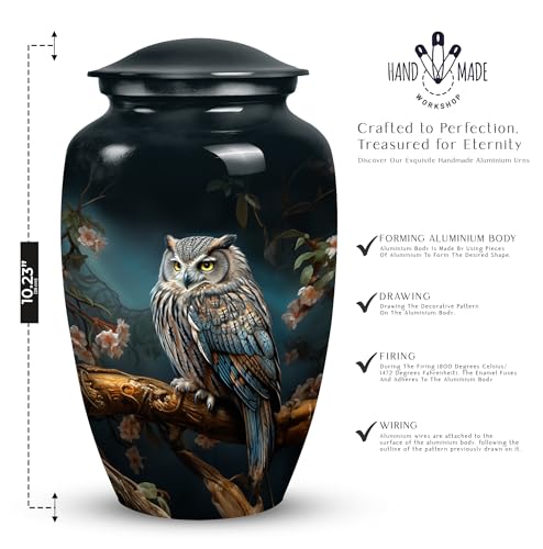 Owl Urn - Burial Urns for Adult Human Ashes - Urn with Flowers - Urns for Human Ashes Adult Female - Large Decorative Urn - Urns for Women Human Ashes - Funeral Ashes Container (Size -10Inch)