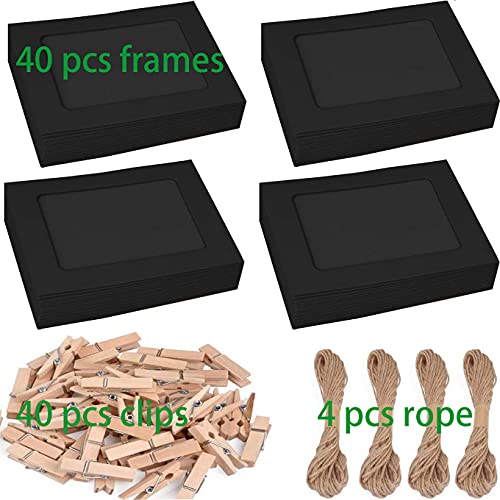 Perfect 4U 40PACK Paper Photo Frames Black Paper Photo Flim DIY Wall Picture Hanging Frame Album+Rope+Clips Set DIY Wall Décor 10x15 cm, Great for Family and Friends on Their Birthdays