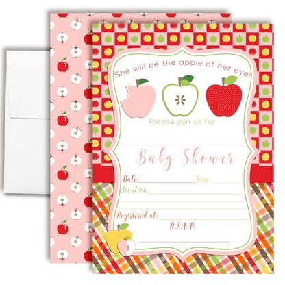 Apple of My Eye Baby Shower Girl Invitations, 20 5x7 Fill In Cards with Twenty White Envelopes by AmandaCreation™ - style: Apple of My Eye Girl
