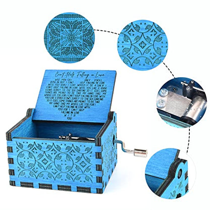 Can't Help Falling in Love Wood Music Box, Antique Engraved Music Boxes | Wooden Music Box Gifts for Lover, Boyfriend, Girlfriend, Husband,Wife (Blue) - color: Blue