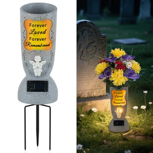 Solar Cemetery Grave Vase: LED Angel, Headstones Vase, with Spike | with Lights, Sturdy, Artificial Flowers Holder, Grave Decorations for Cemetery, Memorial Gifts for Loss of Loved One - style: 1-Pack Angel