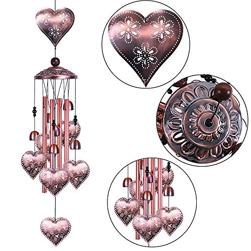 Loving Heart Wind Chimes Outdoor Indoor Decor - with 4 Aluminum Tubes 6 Bells 7 Hearts Mobile Romantic Wind Catcher Heart Shaped Windchimes for Home, Mom Gifts, Balcony, Festival, Garden Decoration