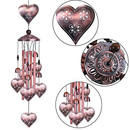 Loving Heart Wind Chimes Outdoor Indoor Decor - with 4 Aluminum Tubes 6 Bells 7 Hearts Mobile Romantic Wind Catcher Heart Shaped Windchimes for Home, Mom Gifts, Balcony, Festival, Garden Decoration