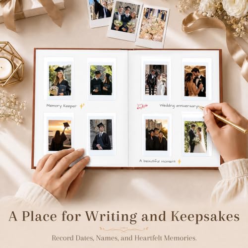 Ruibytree 128 Pockets Instant Mini Photo Album for 2x3 Pictures, Brown | Writing Space, Premium Vegan Leather, Flat-Fit Clear Pocket, Wedding Guest Book for Polaroid 2x3 Photos, Graduation Keepsakes - color: 128 Pocket Brown