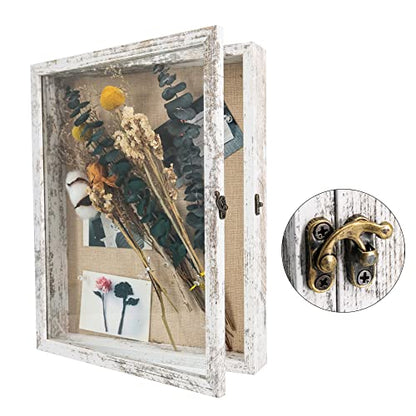GraduatePro Shadow Box Frame 11x14 Display Case with Linen Back, Real Glass Window Door with Hinge, Picture Frame Wedding Bouquet Memorabilia Medals Photos Memory Box for Keepsakes, Rustic White | Hinged Front Open Door with Tempered Glass, Linen Back wit