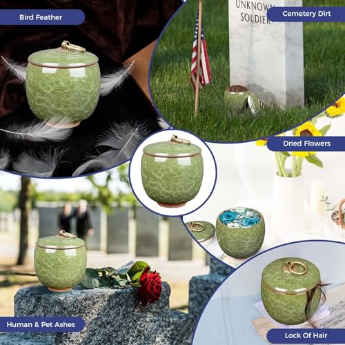 Small Urns for Human Ashes Keepsake, Ceramic Ice Crack Memorial Keepsake Cremation Urns Token Urns Mini Sharing Funeral Urns with Black Premium Box,Light Green - color: Light Green