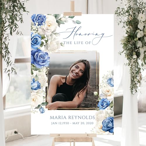 Custom White Blue Rose Celebration of Life Welcome Sign w/Photo for Funeral - color: Sign 15