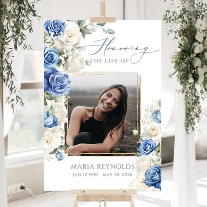 Custom White Blue Rose Celebration of Life Welcome Sign w/Photo for Funeral - color: Sign 15