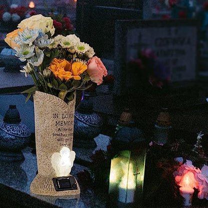 Solar Memorial Cemetery Flower Vase with LED for Fresh/Artificial Cemetery Grave Decorations Angel Statue Vase with Spikes Gravestone Decor - style: Angel