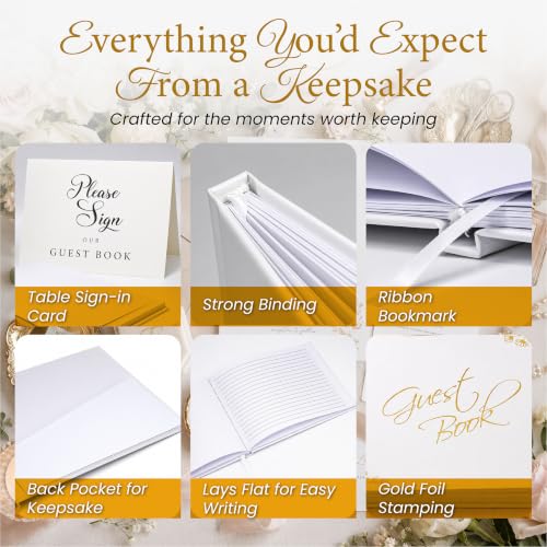 Wedding Guest Book, 100 Blank Pages, 9×7" Gold Foil Hardcover - color: White