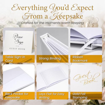 Wedding Guest Book, 100 Blank Pages, 9×7" Gold Foil Hardcover - color: White