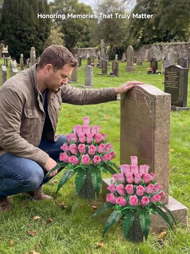 Mirevielyn 2-Pack 24-Stem Artificial Rose Cemetery Flowers with Vases - color: Pink (Soft Tone)