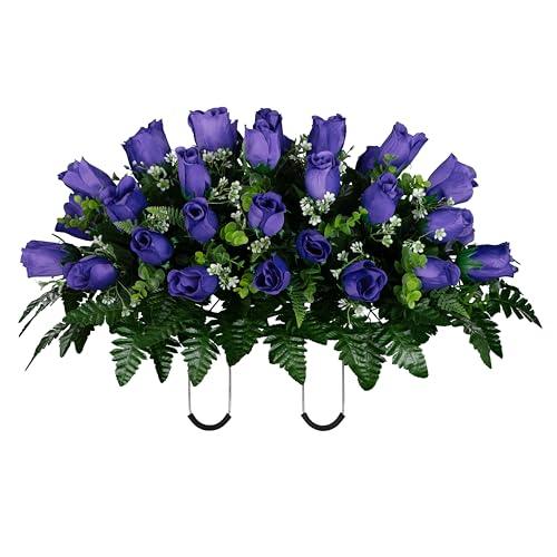 30" Headstone Flower Saddle Artificial Cemetery Flowers - Gravesite Flowers - Purple Roses - color: Purple Roses, size: (1) Saddle