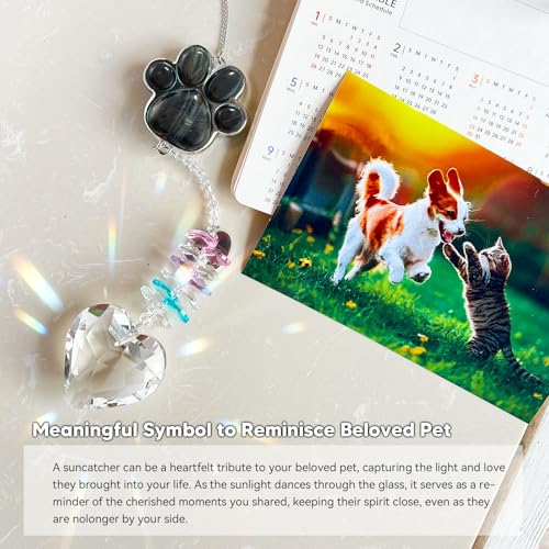 Dog Memorial Gifts, Pet Memorial Suncatcher, Loss of Dog Sympathy Gift | Thoughtful Dogs and Cats Bereavement Remembrance Gifts, Natural Cat's Eye Stone Paw Crystal Suncatcher - color: Blue Tiger Eye