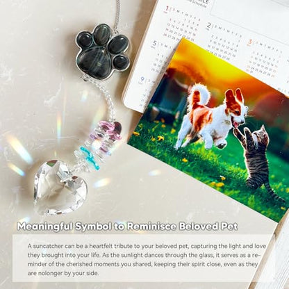 Dog Memorial Gifts, Pet Memorial Suncatcher, Loss of Dog Sympathy Gift | Thoughtful Dogs and Cats Bereavement Remembrance Gifts, Natural Cat's Eye Stone Paw Crystal Suncatcher - color: Blue Tiger Eye