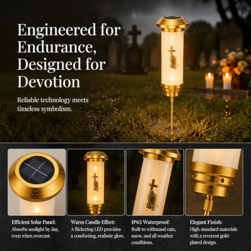 Praying Hands Solar Cross for Cemetery Grave, White & Gold Anodized Aluminum IP65 Waterproof Memorial Light with Ground Stake, Christian Cemetery Decor for Headstone